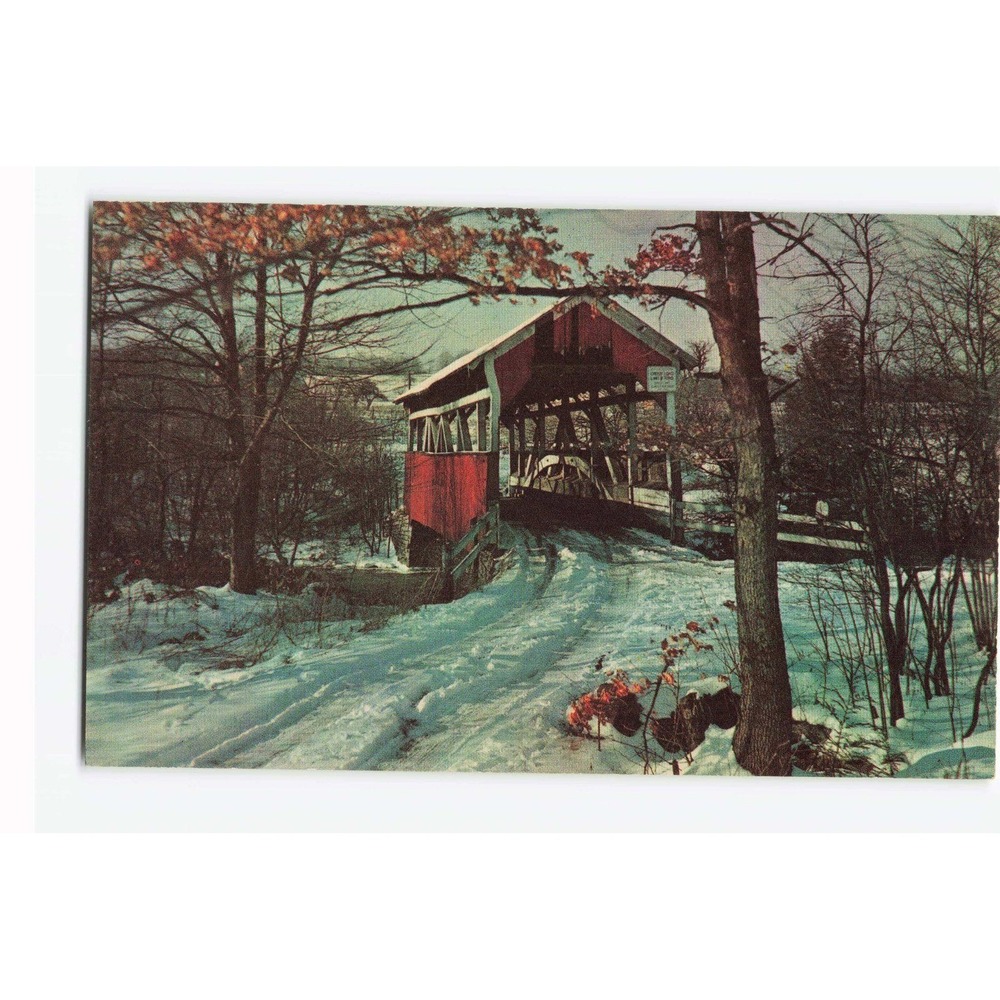 Vintage Maine Covered Bridge Winter Scene Plastichrome Postcard P1599 VG+